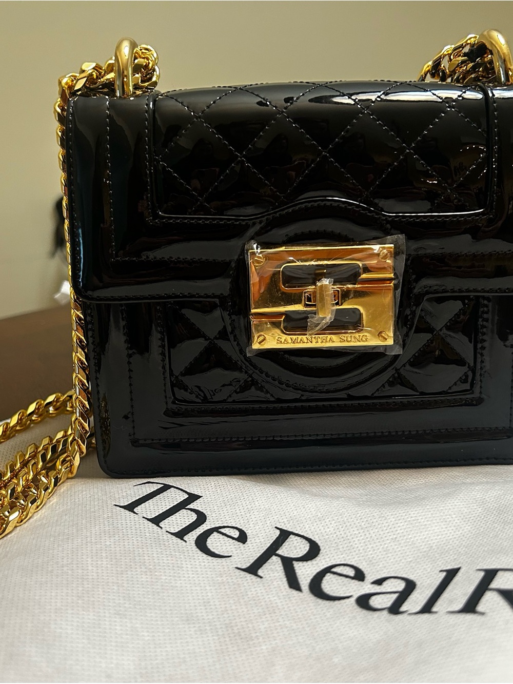 SAMANTHA SUNG Black Patent Quilted Mini Shoulder Bag with Gold Hardware